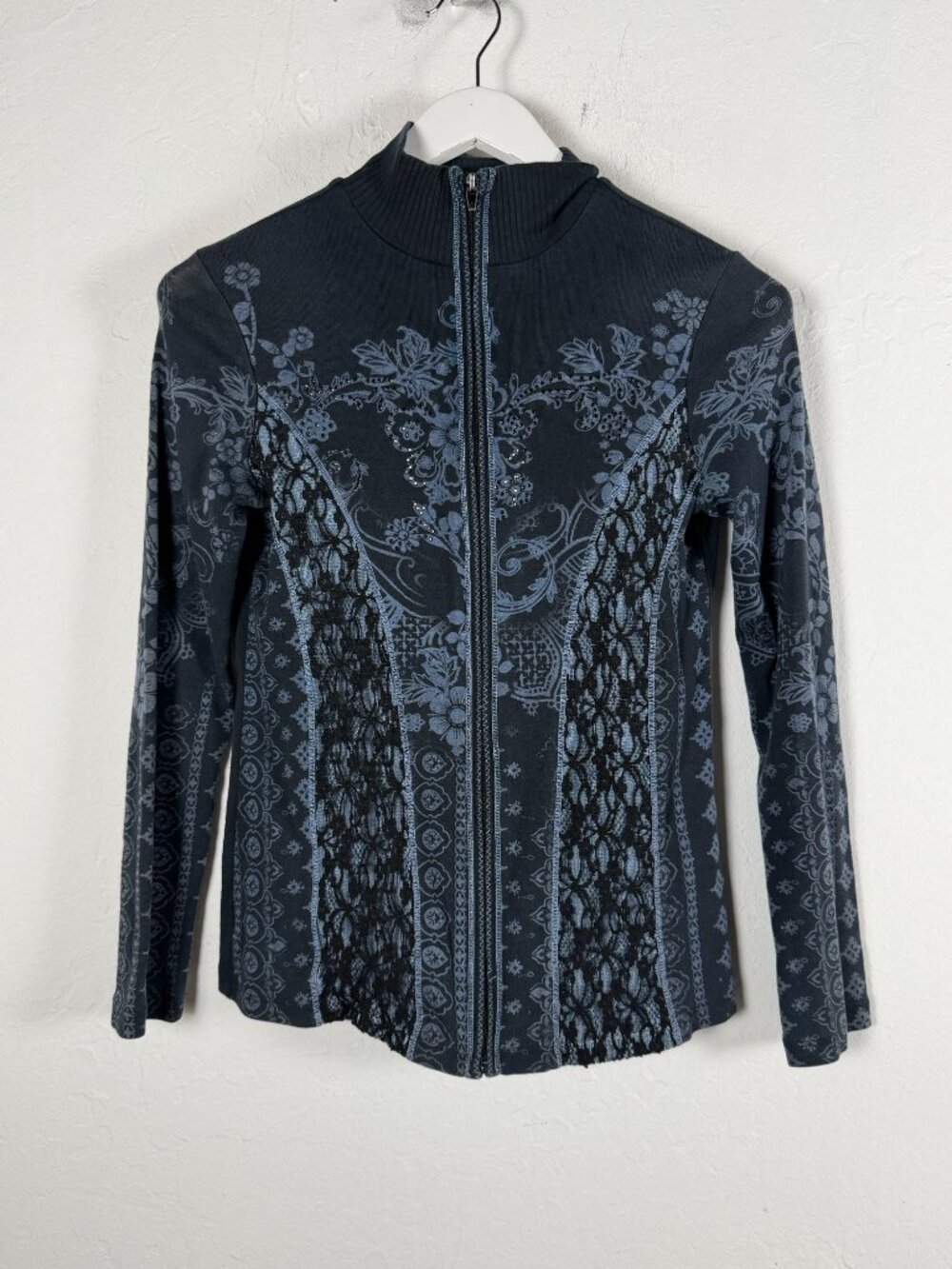 Skinny Minnie Full Zip Mock Neck Jacket Black Floral Lace Rhinestone Top Medium